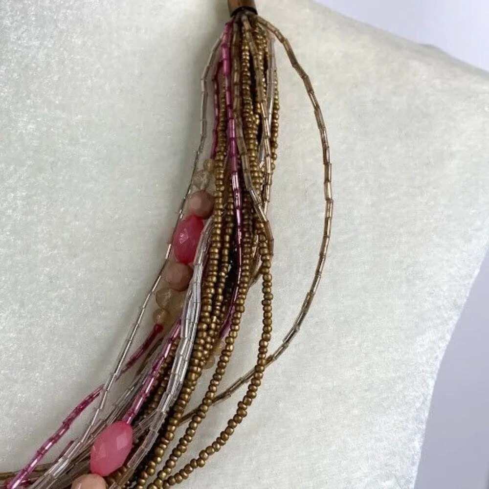 Beaded Necklace Multi Strand Twisted Seed Bead‎ Pink Clear Gold Tone Statement